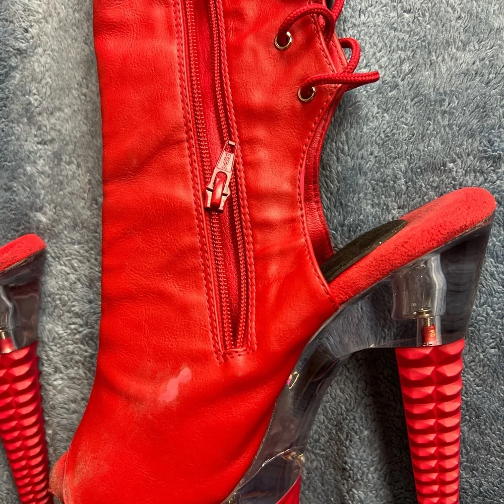 PLEASER Thigh High Red Studded Stripper Heel Boots 8” - Picture 3 of 4